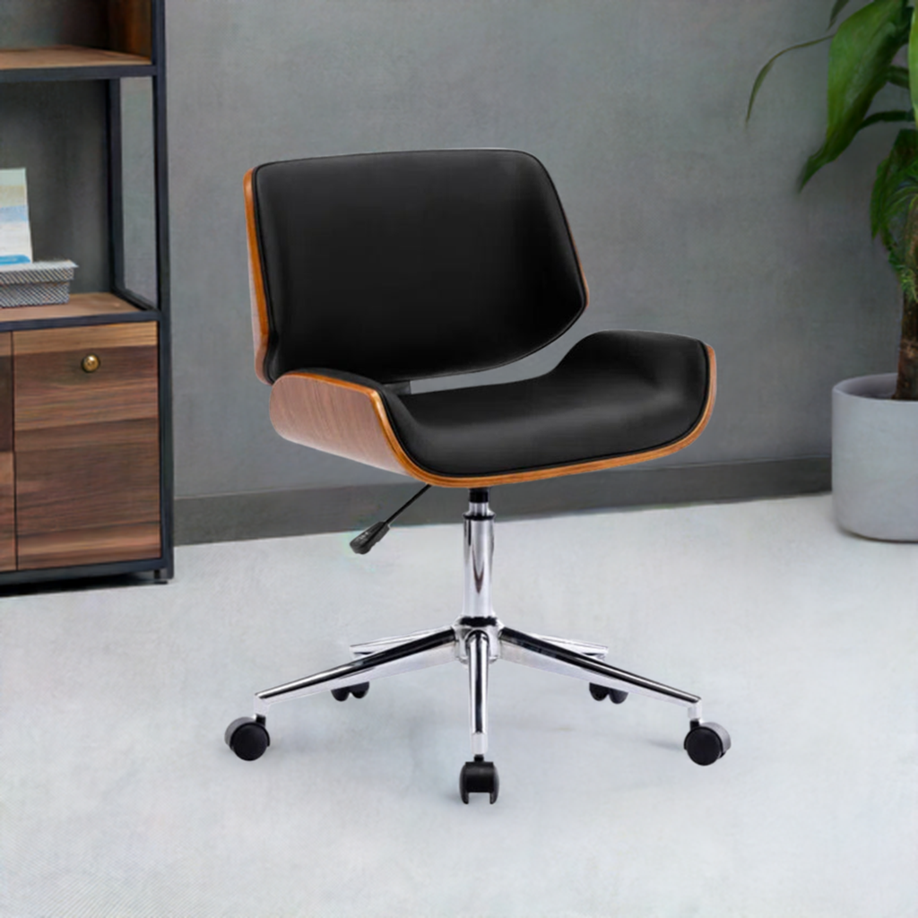 Alex Faux Leather Mid Century Office Chair In Black and Wood
