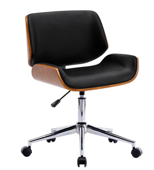 Stylish modern office chair suitable for home offices, featuring a swivel base, leather and wooden seat.
