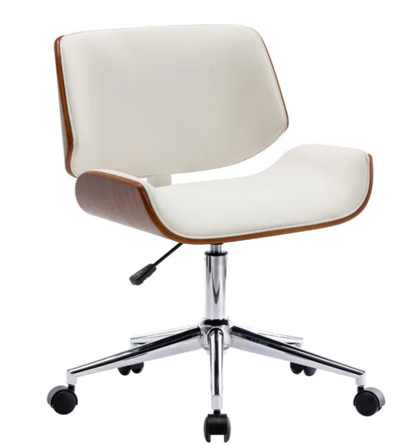 Stylish modern office chair suitable for home offices, featuring a swivel base, white leather and wooden office chair