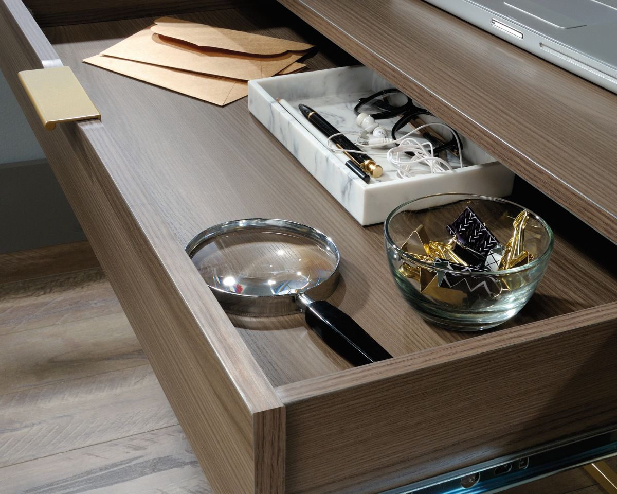 Retro style home office executive desk in Ash finish with gold frame