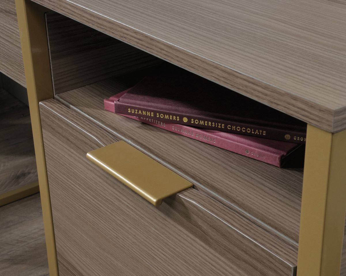 Retro style home office executive desk in Ash finish with gold frame