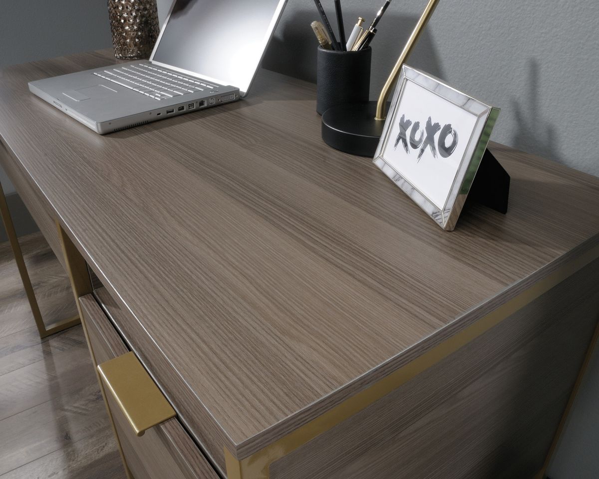 Retro style home office executive desk in Ash finish with gold frame