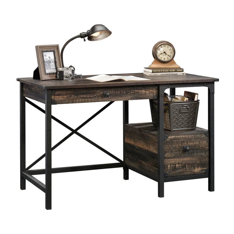 'Wrought Iron' style desk with vintage effect Carbon Oak finish
