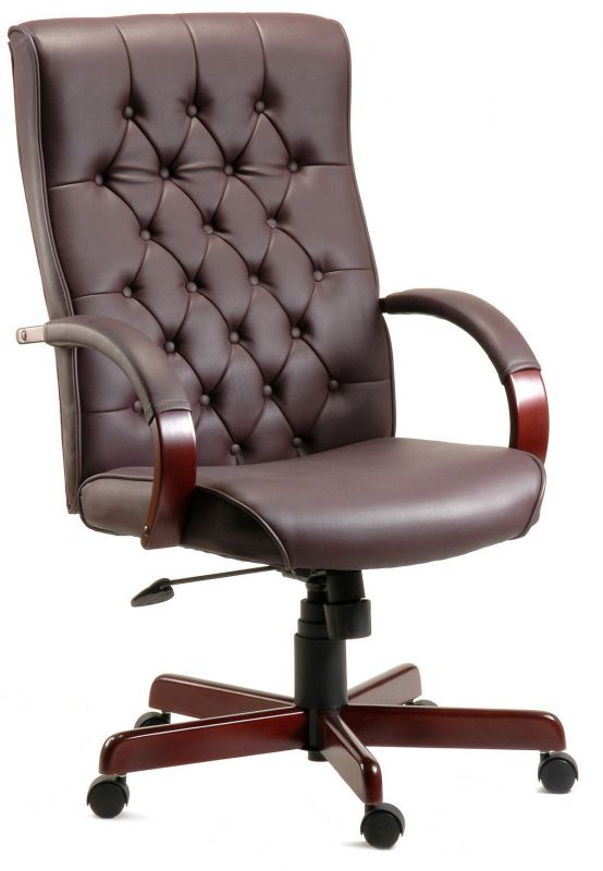 High Back Executive Traditional Style Burgundy Office Chair With Wooden Base