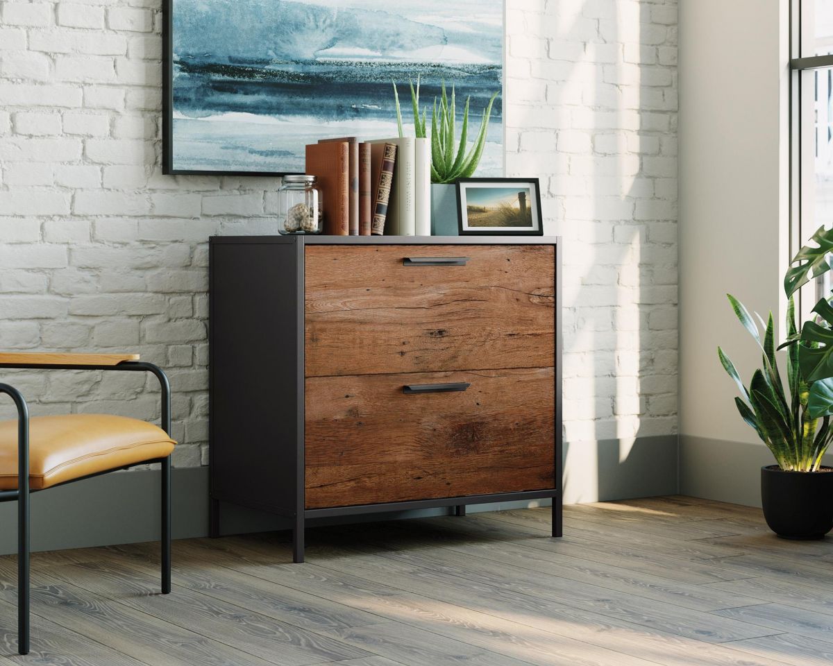 'Loft apartment' style lateral filer in a black finish with Vintage Oak accents