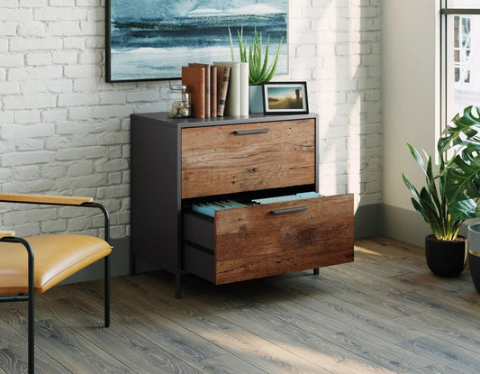 'Loft apartment' style lateral filer in a black finish with Vintage Oak accents