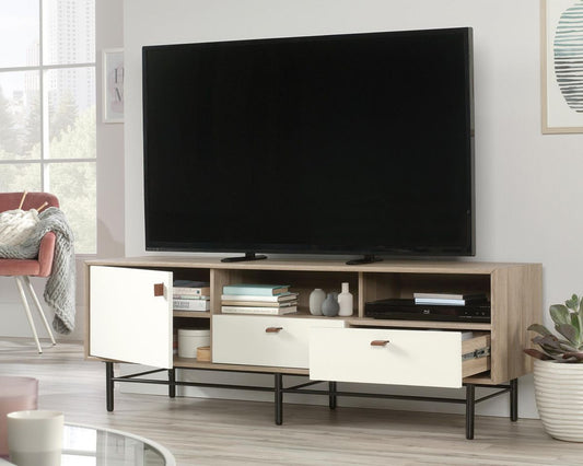 Modern TV stand / credenza with Sky Oak finish and white accents
