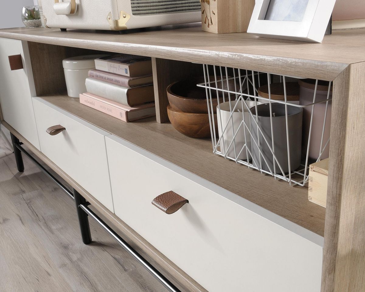 AVON Modern Tv Stand / CREDENZA with Sky Oak finish and white accents