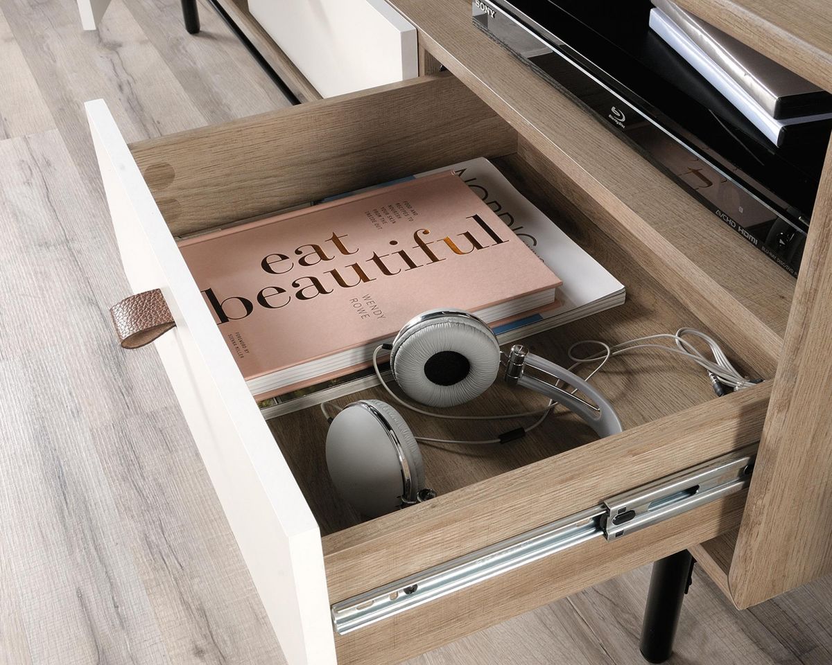 AVON Modern Tv Stand / CREDENZA with Sky Oak finish and white accents