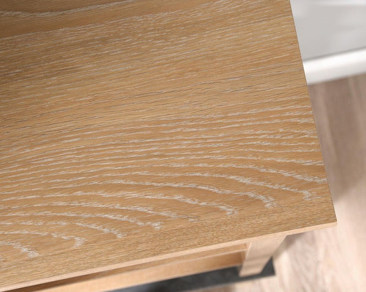 Three shelf bookcase in Oak finish with slate coloured accent