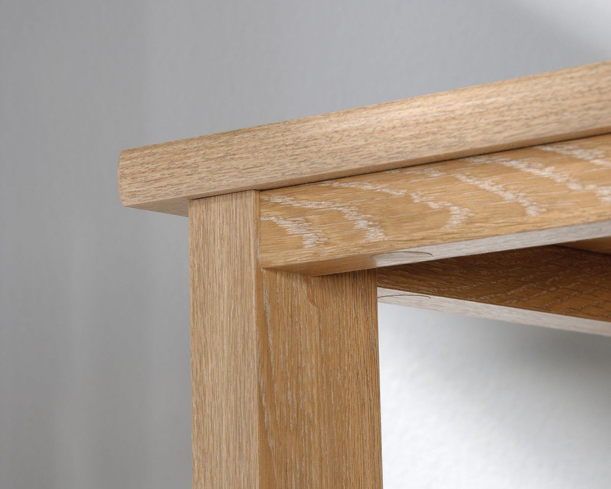 Three shelf bookcase in Oak finish with slate coloured accent