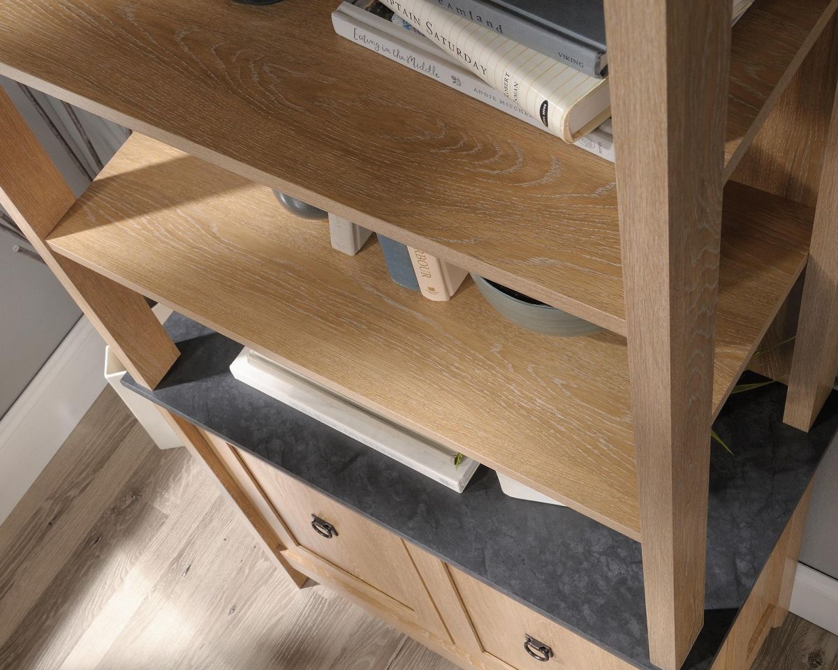 Three shelf bookcase in Oak finish with slate coloured accent