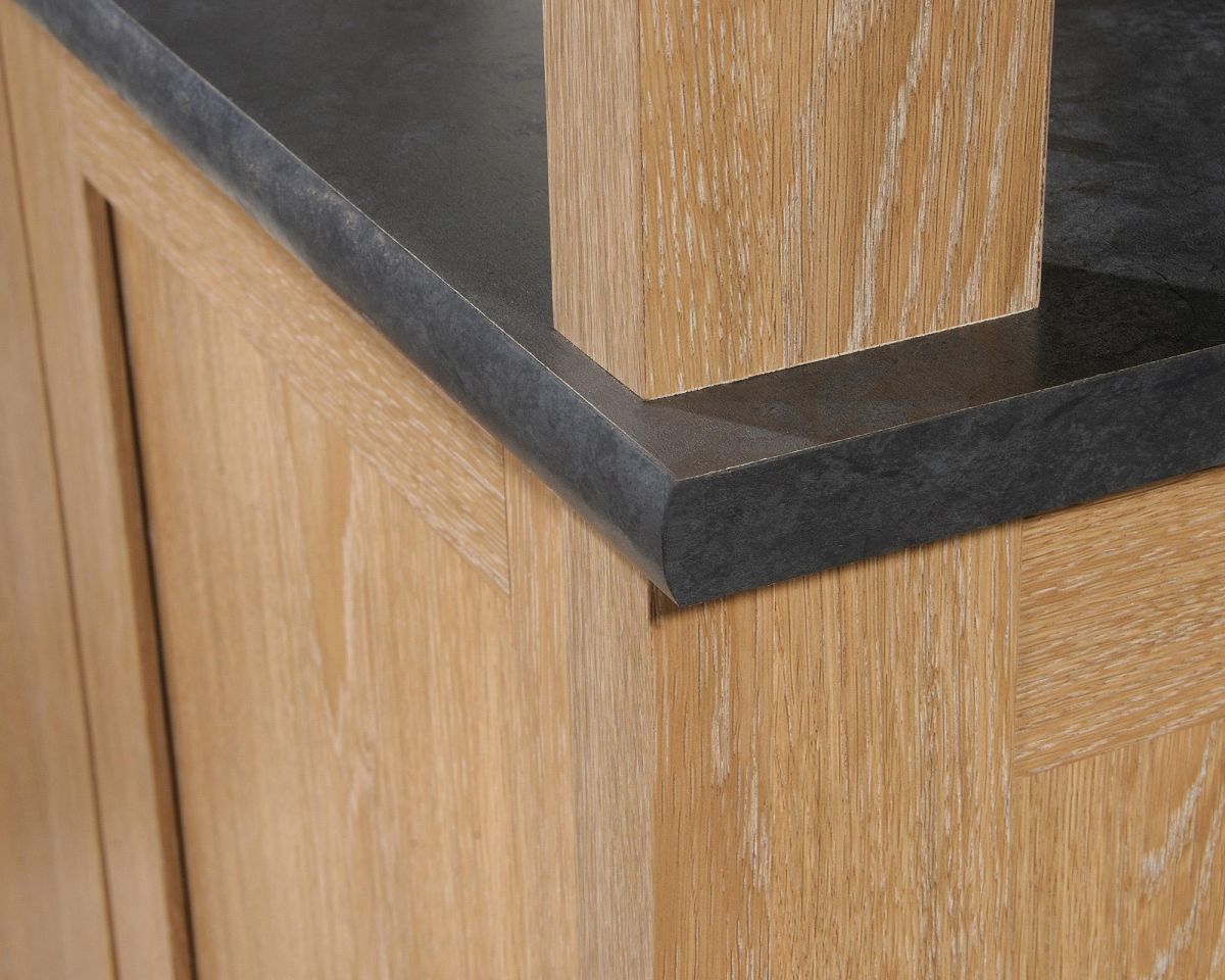Three shelf bookcase in Oak finish with slate coloured accent