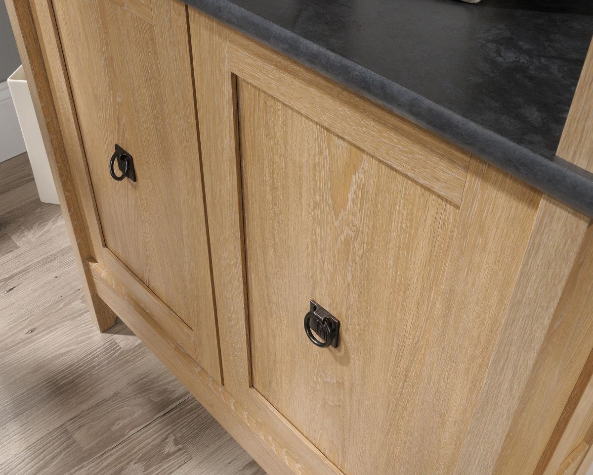 Three shelf bookcase in Oak finish with slate coloured accent