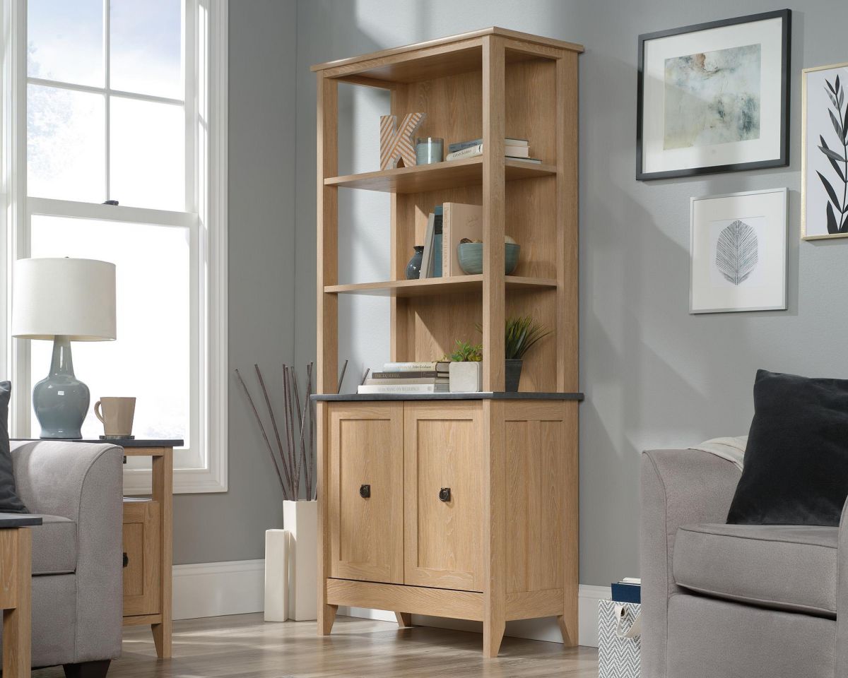 Three shelf bookcase in Oak finish with slate coloured accent