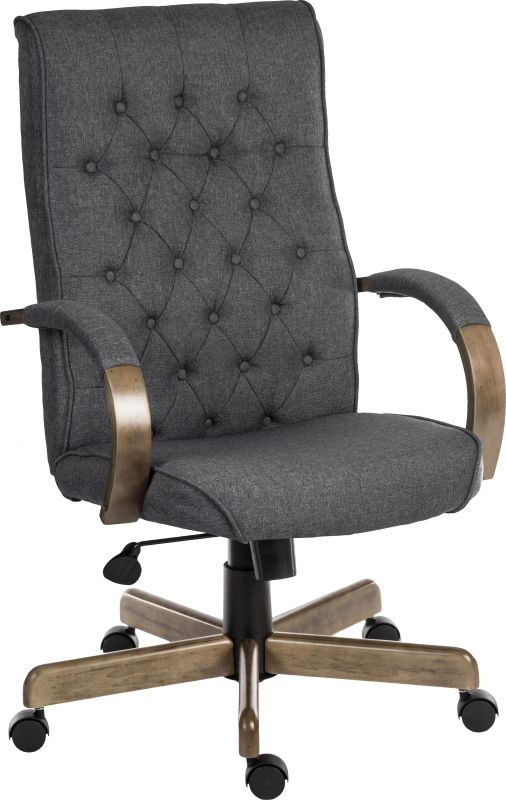 High Back Executive Traditional Style Grey Office Chair With Wooden Base