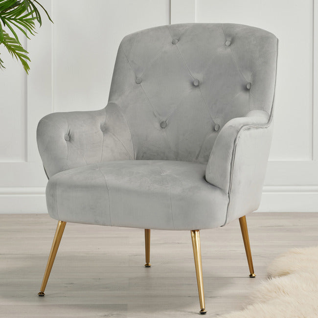 Beautiful Velvet Grey Occasional Armchair With Gold Legs