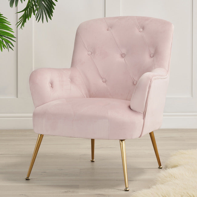 Beautiful Velvet Pink Occasional Armchair With Gold Legs