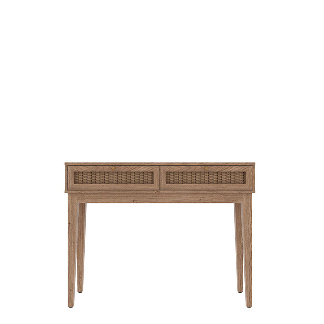 Boho Style Rattan and Wood Dressing Table with Gold Handles