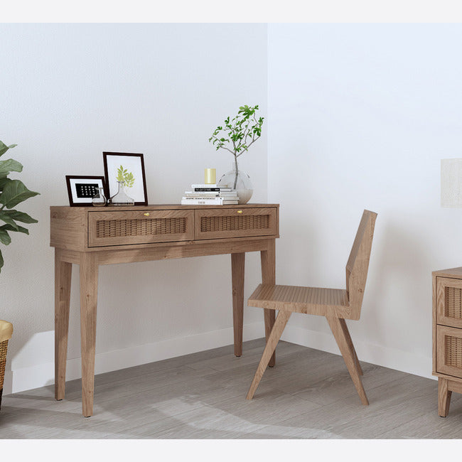Boho Style Rattan and Wood Dressing Table with Gold Handles