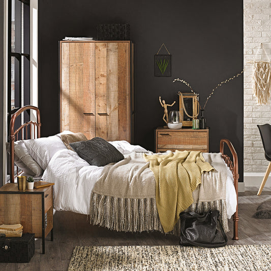 Industrial style distressed oak effect wooden 2 door wardrobe