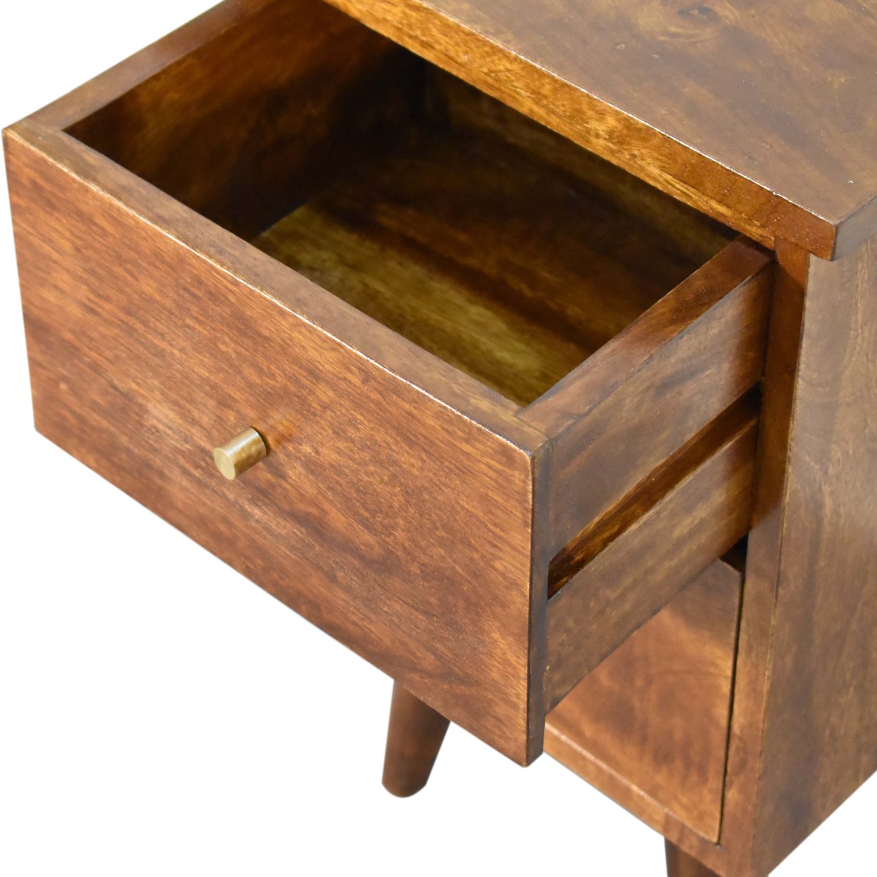 Chestnut Mid Century Style Bedside Table With Brass Handles