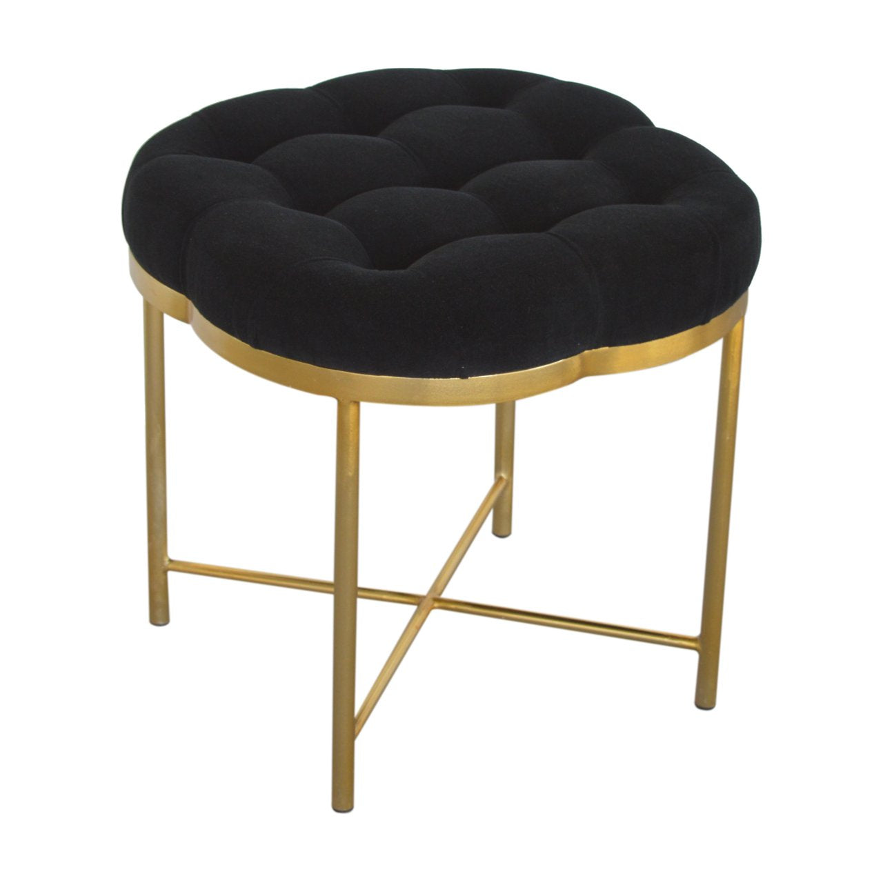 Clover Black Velvet Footstool With Brass Legs