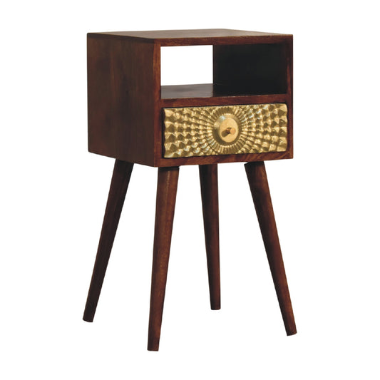 Mini wooden bedside table with gold drawer