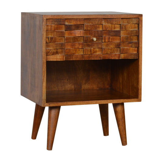 Tile Carved Chestnut Bedside Table with Open Slot