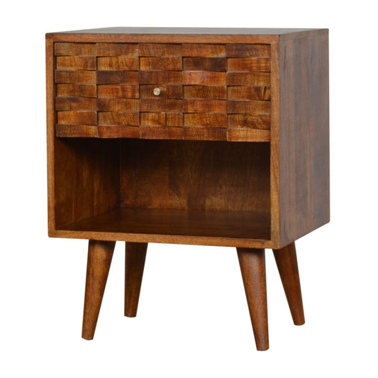 Tile Carved Chestnut Bedside Table with Open Slot