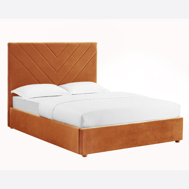 Beautiful Burned Orange Kingsize Bed upholstered in velvet with geometric headboard