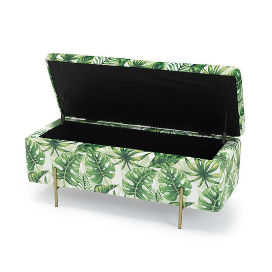 Large Storage Ottoman Pouffe upholstered in PALM LEAF print fabric with gold legs