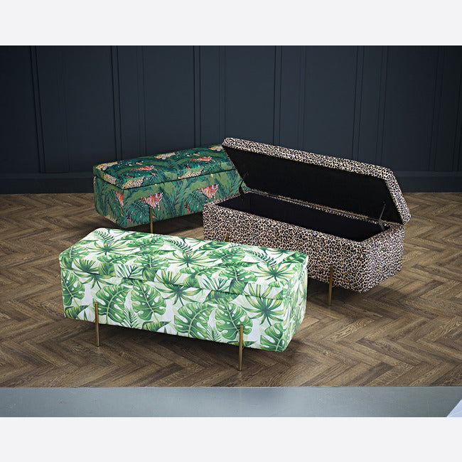 Large Storage Ottoman Pouffe upholstered in PALM LEAF print fabric with gold legs