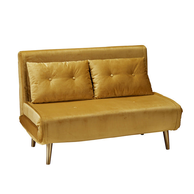 Mustard Plush Velvet Sofa Bed With Gold Legs