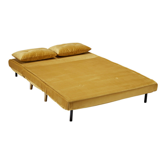 Mustard Plush Velvet Sofa Bed With Gold Legs