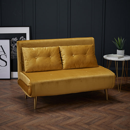 Mustard Plush Velvet Sofa Bed With Gold Legs
