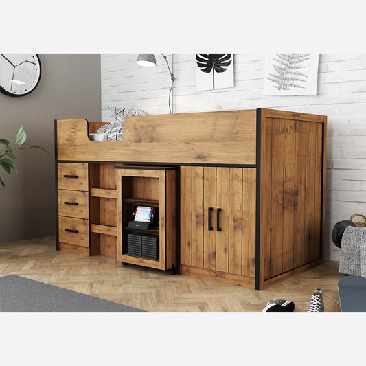 Children's Midsleeper With Pullout Storage Vintage Oak with Black Frame