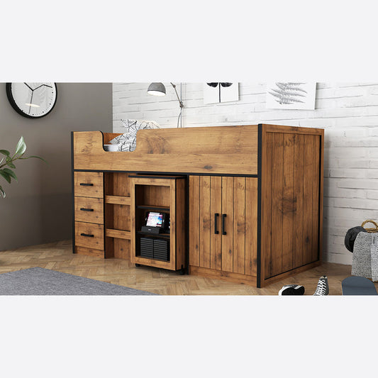 Children's Midsleeper With Pullout Storage Vintage Oak with Black Frame