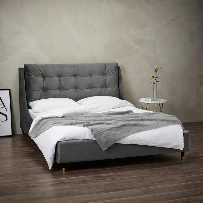 Grey Plush Velvet Kingsize Bed