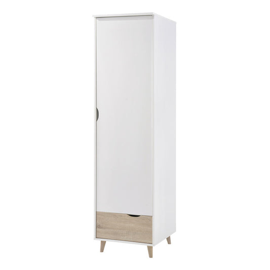 Retro Scandi Boho Style White and Oak finish One Door Wardrobe with drawer for Bedroom