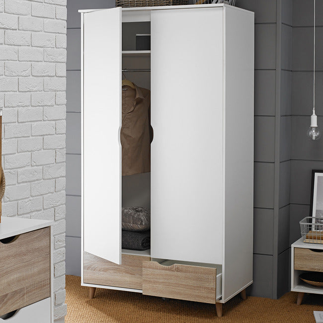 2-türiger Kleiderschrank im Scandi-Stil in Weiß und Eichenoptik