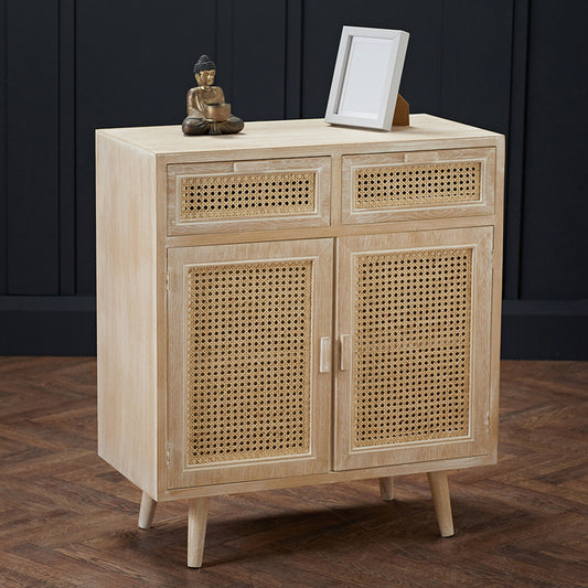 Boho Style Washed Oak Effect and Rattan Sideboard