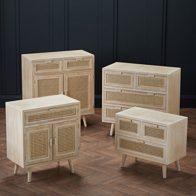 Boho Style Washed Oak Effect and Rattan Sideboard