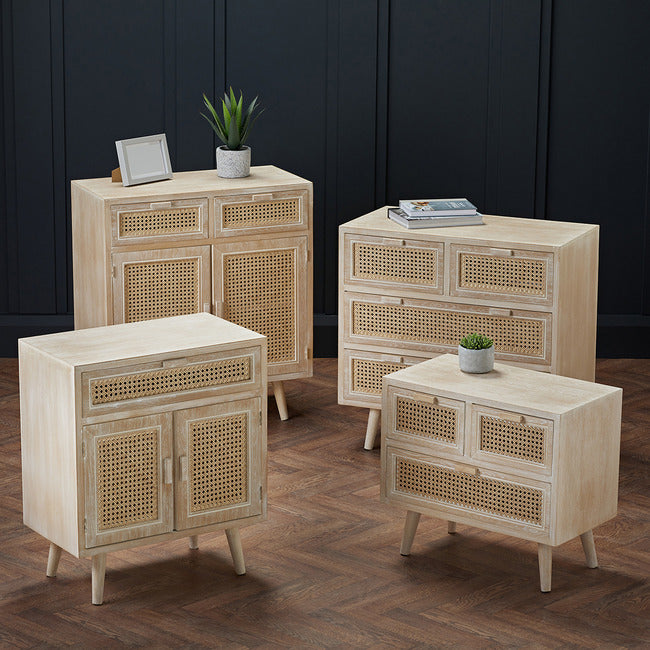 Boho Style Washed Oak Effect and Rattan Sideboard