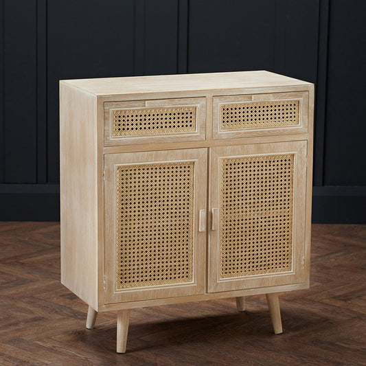 Boho Style Washed Oak Effect and Rattan Sideboard
