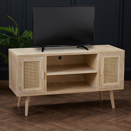 Boho Style Rattan and Washed Oak Effect TV Media Unit
