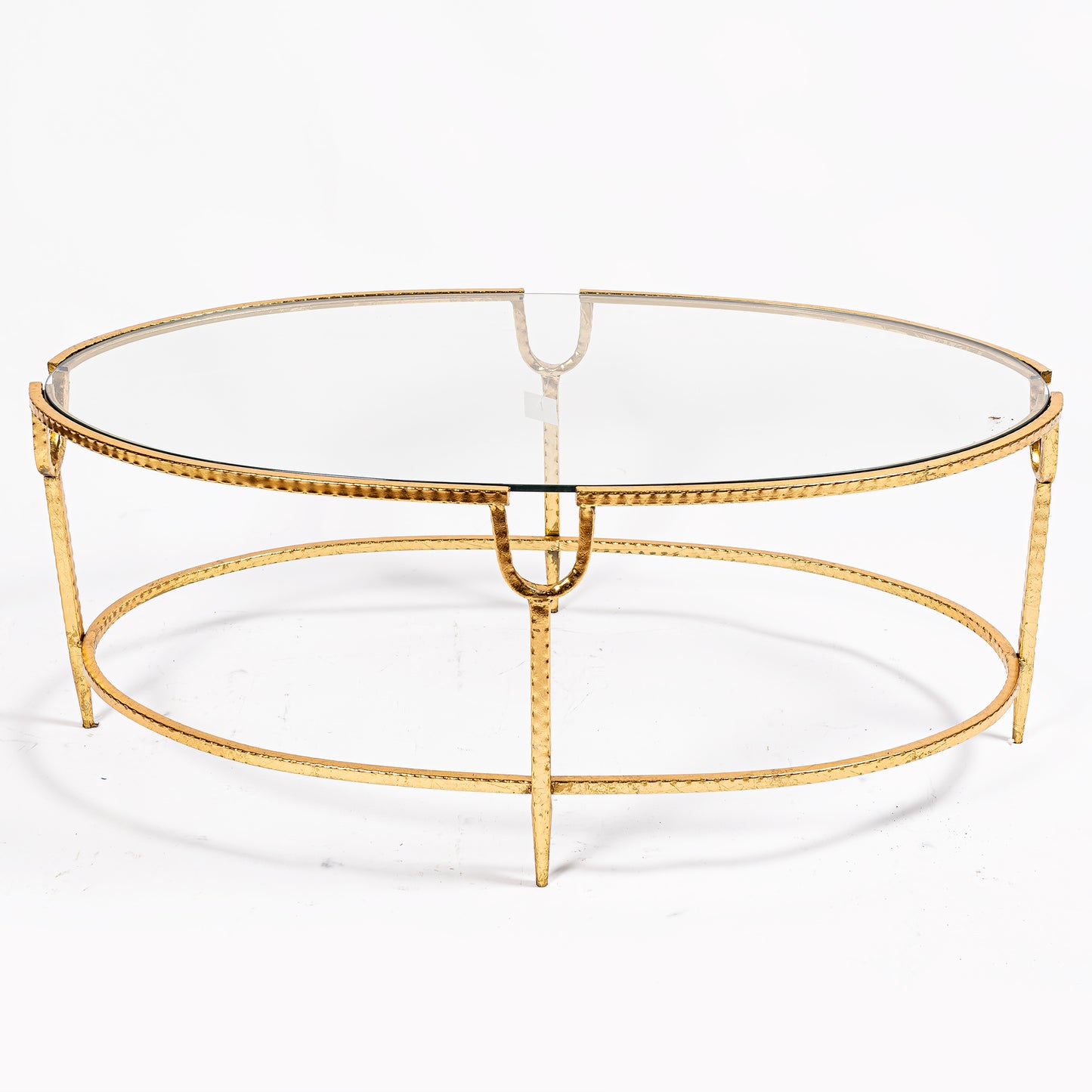 Glass and Metal Oval Coffee Table in Gold Gilt Leaf