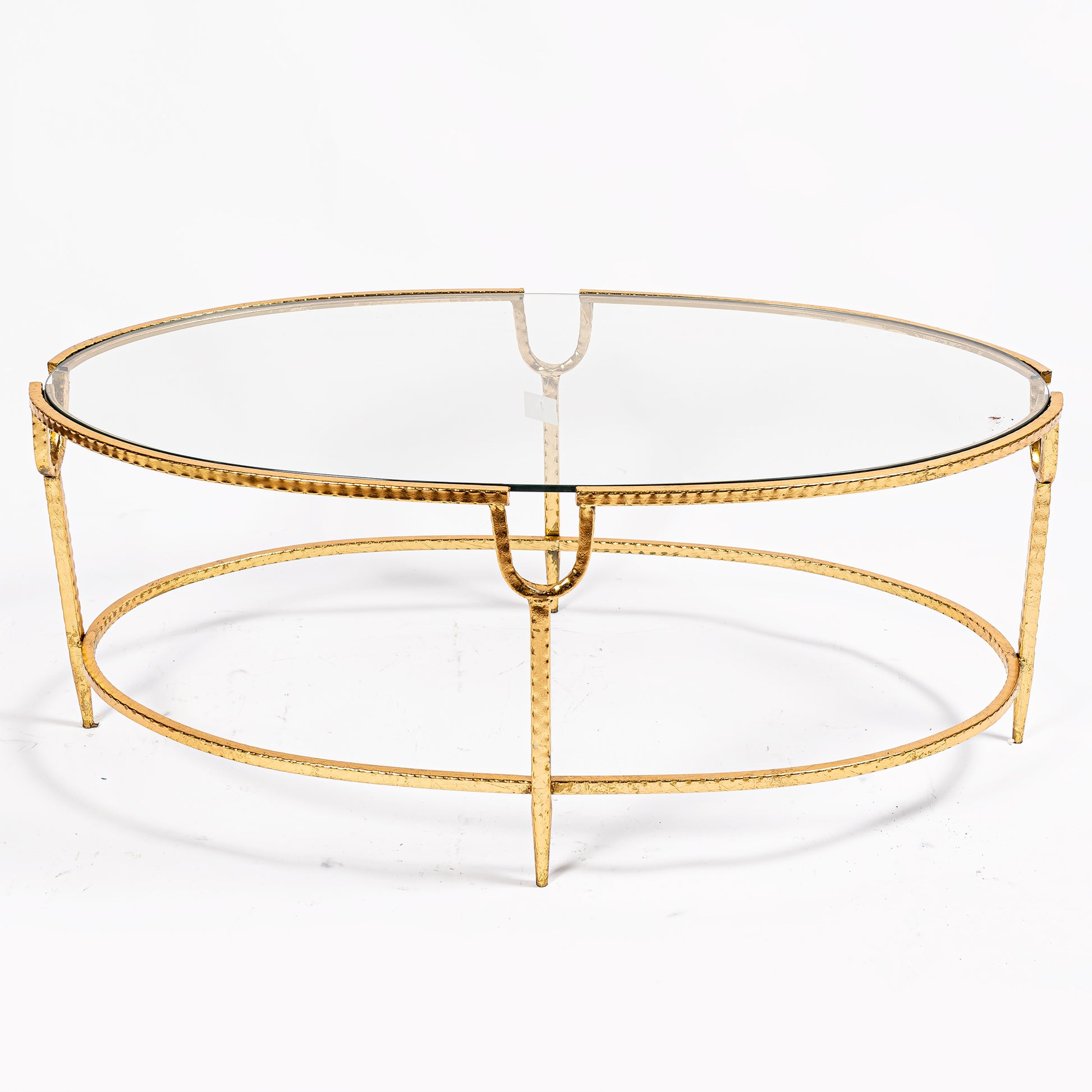 Glass and Metal Oval Coffee Table in Gold Gilt Leaf