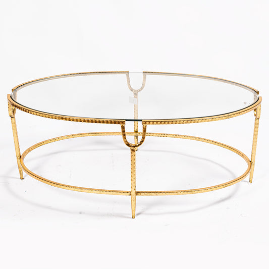 Glass and Metal Oval Coffee Table in Gold Gilt Leaf
