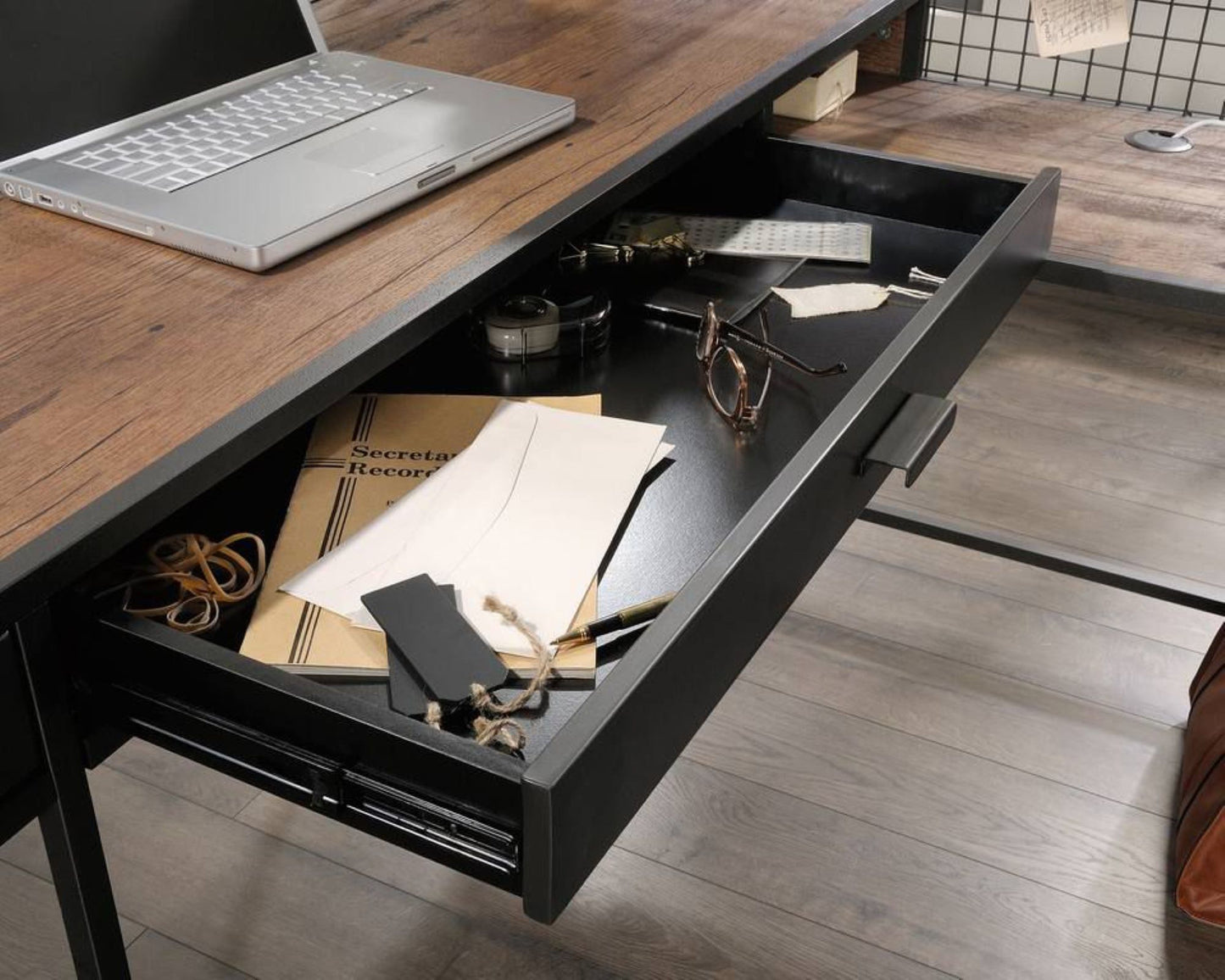 Contemporary Industrial Style home office L-shaped desk in Oak finish and modern black accents
